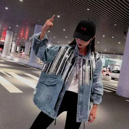 Women's Jackets 2023 Spring Arrival Ladies Ripped Jeans Coat Womens Drawstring Cotton Denim Jacket Oversize Sequins Jean