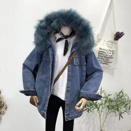 Kurtki damskie harajuku z kapturem faux futra obrońca jeansowa kurtka zima kobiety ciepła pluszowa podszewka Płaszcz długi rękaw Casaco feminino Casual Streetwe