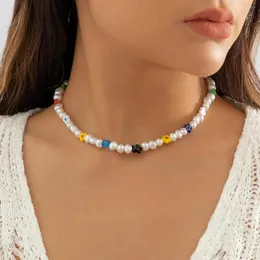 Choker Salircon Boho Baroque Pearl Short Clavicle Necklace wmen을위한 Multicolor Glass Beads Flower Charm Beach Y2k Trend Jewelry