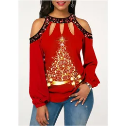 Women's Blouses & Shirts Christmas Top Women Sexy Long Sleeves Off Shoulder Hollow Out Tee Tops Fashion Tree Print Elegant Plus Size