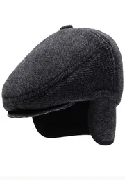 Ht2630 beret cap jesienna zima beret gęsta ciepła earflap cap men vintage wełniany kapelusz z ucha płata męska newsboy bluszcz płaska czapka y2005273112