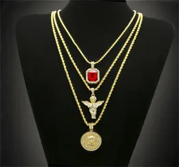 Collana placcata in oro hip hop ghiacciata gioielli di cristallo di strass set con collane di pendenti di angelo Jesus catena 3289649