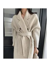 Misto lana da donna HighEnd Coniglio e seta di gelso doppio petto caldo soprabito lungo Donna Inverno Versione coreana Giacca cappotto bianco 230107