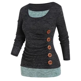 Women S Tirt Long Sleeve Fashion بالإضافة إلى حجم T Shirt Space Dye Contraving Colorblock Mock Button Faux Twinset Tops for Women 230106