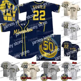 College Baseball indossa 22 Christian Yelich New 50th Josh Hader Travis Shaw Orlando Arcia Lorenzo Cain Eric Thames Keston Hiura Ben Gamel Maglie da baseball