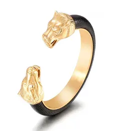 Golden Stainless Steel Lion Head Open Bangles for Men Elastic Adjustable Leather Bracelets Male Boys Hand Accessories Jewellery4117481