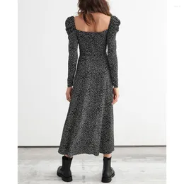 Lässige Kleider Frühling Herbst Frauen 2023 Square Neck Polka Dot Vintage Elegante Langarm Midi mit Seitenschlitz Frau Kleidung