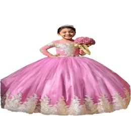 2022 Sheer Long Sleeve Pageant Dresses Little Girls Ball Gown Light Gold Applique Jewel Princess Party First Communion Flower Girl8523111