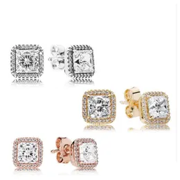 stud 925 Sterling Sier Square Big Cz Diamond Carmring Fit Pandora Jewelry Gold Rose Rose Plated Occs