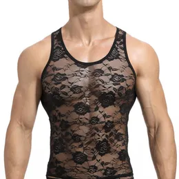 Mäns sömnkläder män mesh pyjamas sätter transparent spets sexig o-hals ärmlösa tank top boxers trosor 2 st.