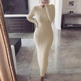 Sıradan Elbiseler Omsj Örme Sonbahar Kış Zarif Maxi Elbise Bodycon Jacquard Crew Neck Tam Kollu Seksi Temel Sweater Streetwears