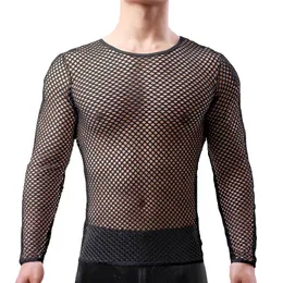 Camiseta de camisa mensal Sexy Fishnet Veja através da camiseta de manga longa camiseta transparente homme punk gótica boate de boate camiseta para homens camisetas