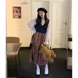 Casual Kleider Für Frauen 2023 Koreanische Version Mode Kleid Retro Denim Nähte Plaid Weste Weibliche Taille Mid-länge A-linie rock