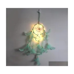 선물 세트 LED LIGHT DREAM CATCHER 두 반지 깃털 드림 캐처 바람 차임 장식 벽 교수형 MTICOLOR 12ms J2 드롭 배달 B DHZFK