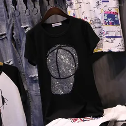 Camisetas de mujer, moda de verano, sombrero de diamantes, camiseta de algodón Harajuku para mujer, camisetas informales fáciles de combinar de manga corta, camisetas de cuello redondo