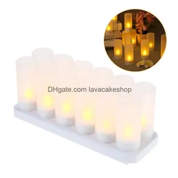 Ljus laddningsbara LED -flimrande flamelösa tealight -lampor med frostade koppar som laddar bas gult ljus 4/6/12 st/set Y200531 Dro Dhent