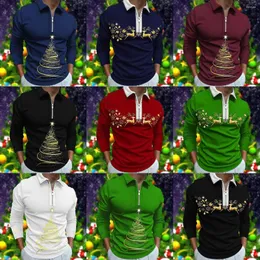 Men's Polos Christmas Printed Lapel Long Sleeve Men's Casual Polo Shirt