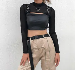 Camiseta Feminina Mock Neck Manga Comprida Slim Fit Mesh Transparente Crop Shirt Top Estilo Punk Encolher de ombros Encobrir arrastão Coberturas com Rebite de Metal Preto