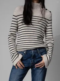 Swetry kobiet Zessam Stripe Jacquard wełniana wełna kobieta sweter z długim rękawem guziki luźne kobiec pullover klasyczny lady top 2023