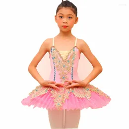 Stage Wear Pink Ballet Dress For Ballerina Tutu Skirts Gold Embroidery Lace Rhinestone Figure Skating Performance Belly Dance