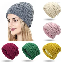 Berets 2023 Women Satin Lined Winter Beanie Caps Striped Knit Hats Solid Color Silk Lining Thick Chunky Cap Soft Slouchy Warm Hat