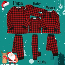 남성용 트랙복 크리스마스 부모-자녀 복장 2 피스 세트 홈웨어 파자마 격자 무늬 인쇄 풀 오버 아기 롬퍼 가족 일치 #0911