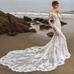 Long Mermaid Bridal Gowns 2024 Lace Illusion Scoop Neckline Full Sleeves Chapel Train Plus Size Wedding Dresses Vestidos De Novia 328 328