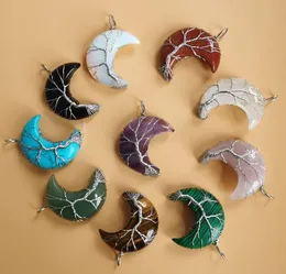 10PCSLot Tree of Life Crescent Moon Shape Pendant Silvertone Wire Wrap Natural Gemstones Healing Crystal Women Necklace2006469