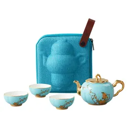Conjunto de chá portátil de 5 peças do West Lake Blue - alça de cobertura de ouro e borda, porcelana de banquete, uso para a pessoa, especial para chá da tarde ou jantar em família