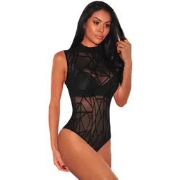 Bustiers & Corsets Fashion Sexy Long-sleeved High-neck Lace Pattern High-waist One-piece Pajamas Perspective Outfit