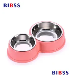 Dog Bowls Feeders Stainless Steel Pet Double Puppy Cats Eating Feeder Container Drinking Bowl Antislip Feeding Watering Dish Y2009 Dh7Fn