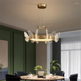 Lampade a sospensione Farfalla Nordic Copper Light Lampadario da soggiorno di lusso Lampada da camera da letto da pranzo minimalista moderna atmosferica