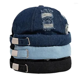 Berets Marke Denim Jeans Männer Brimless Kappe Gerollt Manschette Retro Hut Student Jungen Mädchen Sailor Skullcap Frauen Loch Kappen