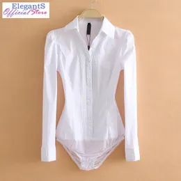 Damenblusen Hemden Frauen Body Hemdbluse Langarmanzüge OL Umlegekragen Tops Weiblich Weiß Figurbetont Bürodame Arbeitsbodysuit X