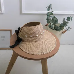 Wide Brim Hats Women Straw Handmade Foldable Ribbon Pearl Raffia Holiday Natural Flowers Panama Beach Sun Caps Summer Bow Hat