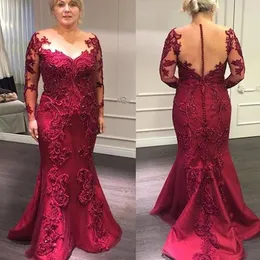 2023 Vestidos Elegantes para Mãe da Noiva Vermelho Escuro Sereia Pescoço Ilusão Mangas Compridas Apliques de Renda Contas de Cristal Festa à Noite Casamento Vestidos para Convidados