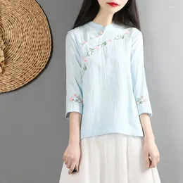 Roupas étnicas Mulheres vintage Flor Cheongsam Top linho de algodão de verão Hanfu Bordado tradicional de bordado QIPAO Tang Classic Tang Tops