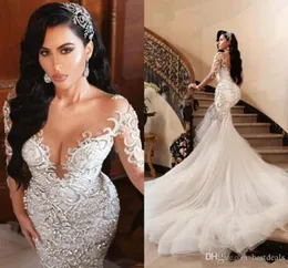 Luxury Arabic Mermaid Wedding Dresses Dubai Sparkly Crystals Long Sleeves Bridal Gowns Court Train Tulle Skirt robes de Custom Made