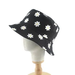 قبعات واسعة الحافة الإقحوانات الصيفية طباعة أبيض دلو القبعة نساء