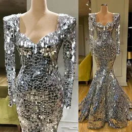 2022 Sparkly Pailletten Silber Meerjungfrau Abendkleider Lange Ärmel Arabisch Abendkleid Dubai Lange Elegante Frauen Formale Party Gala Kleider
