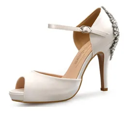 Peep Toe saten düğün ayakkabıları ayak bileği kayışları gelin duş nedime için sandaletler akşam balo yüksek topuk 105cm boyut 3443275049