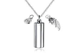 Cylinder Capsule Secret Message Vial Cremation Ash Urn Necklace in Stainless Steel Stash Locket Wing and Crystal Dangle Necklace6708459