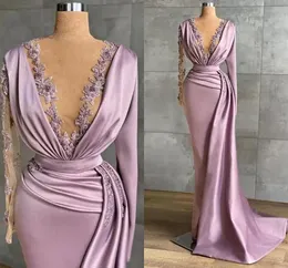 Light Evening 2023 Lilac Dresses Mermaid Deep V Neck Long Sleeves Lace Ruffles Satin Sweep Train Plus Size Pleats Prom Gown Formal Custom Vestidos estidos