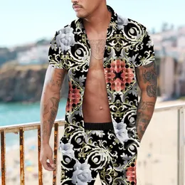 Herrespår sommar hawaiian set mens utskrift kort ärm avslappnad blommig skjorta strand två del kostym mode män set s-3xlmen's