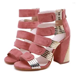 Sandały damskie gladiatorki kwadratowe wysokie obcasy letnie buty kobieta stado wydrążone botki z wystającym palcem platforma Zipper Fashion Sandalias