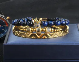 Conjunto de 3 uds de moda, brazalete de corona, pulsera trenzada de leopardo para hombre y mujer, brazaletes de acero inoxidable, joyería azul Cz 9745105
