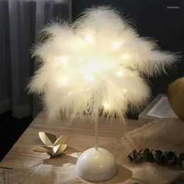 Bordslampor Feather Night Light Fairy Copper Lamp Led Creative Romantic Bedside Room Decor inomhusbelysning Lampka