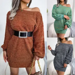 Casual Dresses Autumn And Winter Kleider Damen Y2k Cute Dress One Neck Strapless Colorful Lantern Sleeve Knitted Sweater