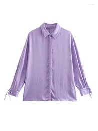 Camicette da donna Top Camicie da donna 2023 Cravatta alla moda Polsini con fiocco Camicia a maniche lunghe Colletto con risvolto Bottoni nascosti Elegante Top in raso