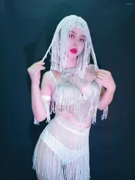 Stage Wear White Black Rhinestone Fringes Bra Skirt Women Dancer Outfit Performance Costume Evening Bar Bikini Sexy Show Clothes Set